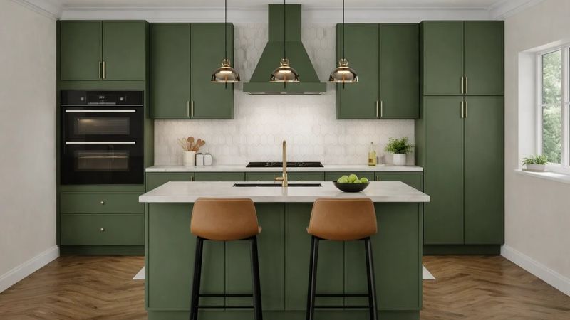Sage green slab-door kitchen with matching range hood and island