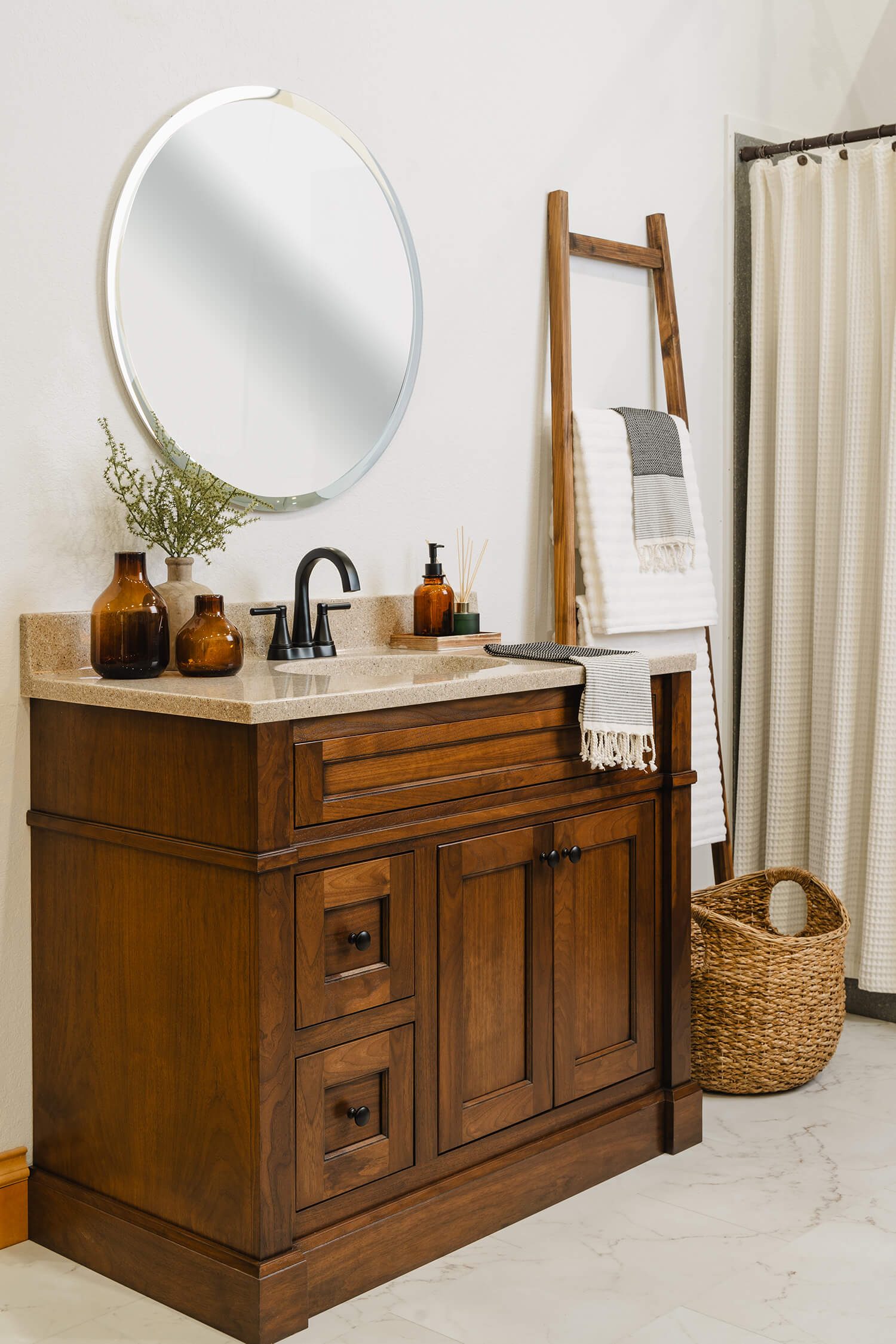 Bertch Avery furniture-style walnut vanity with bead-board panels and decorative legs