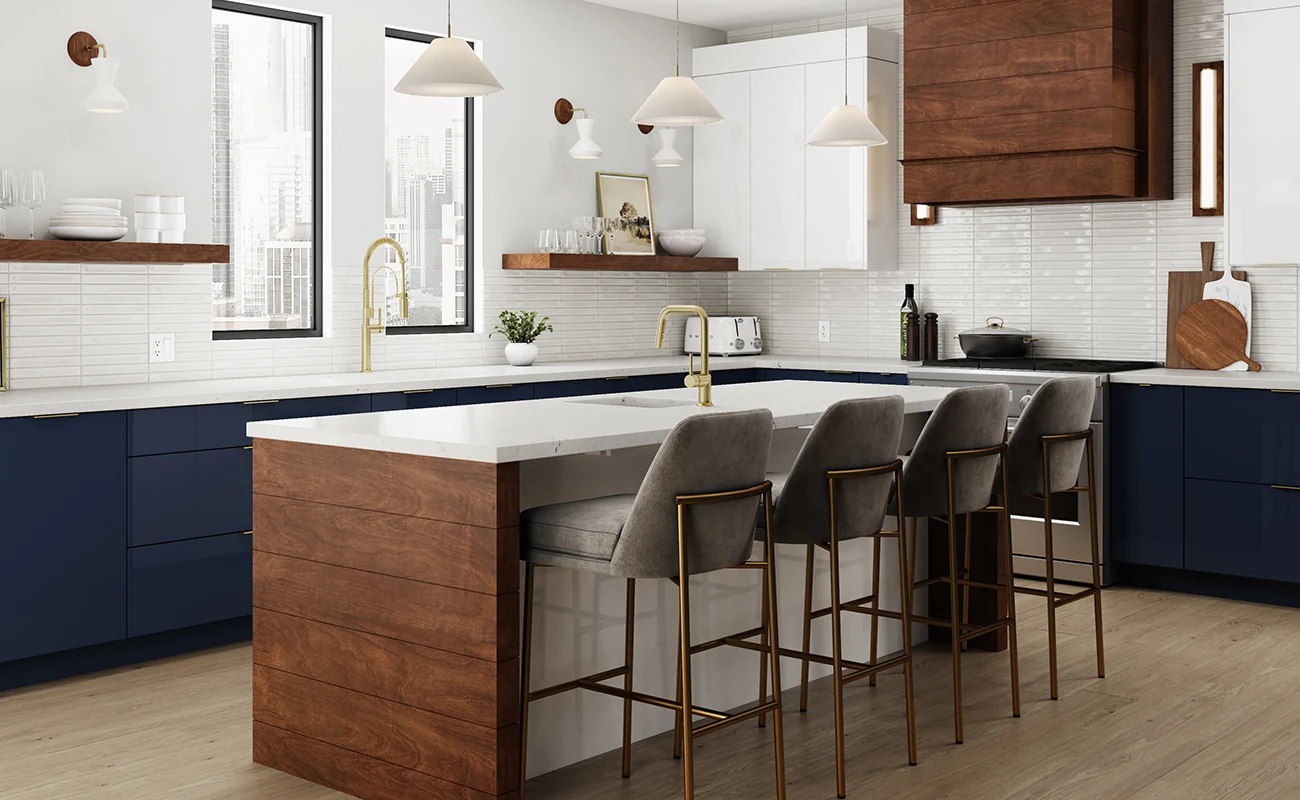 Bertch Freya two-tone navy and white kitchen with brass hardware