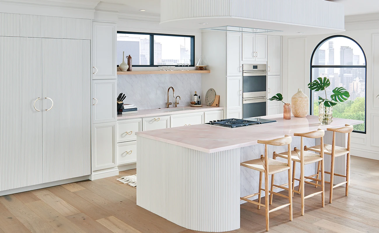 Bertch Marcus all-white modern kitchen with reeded island