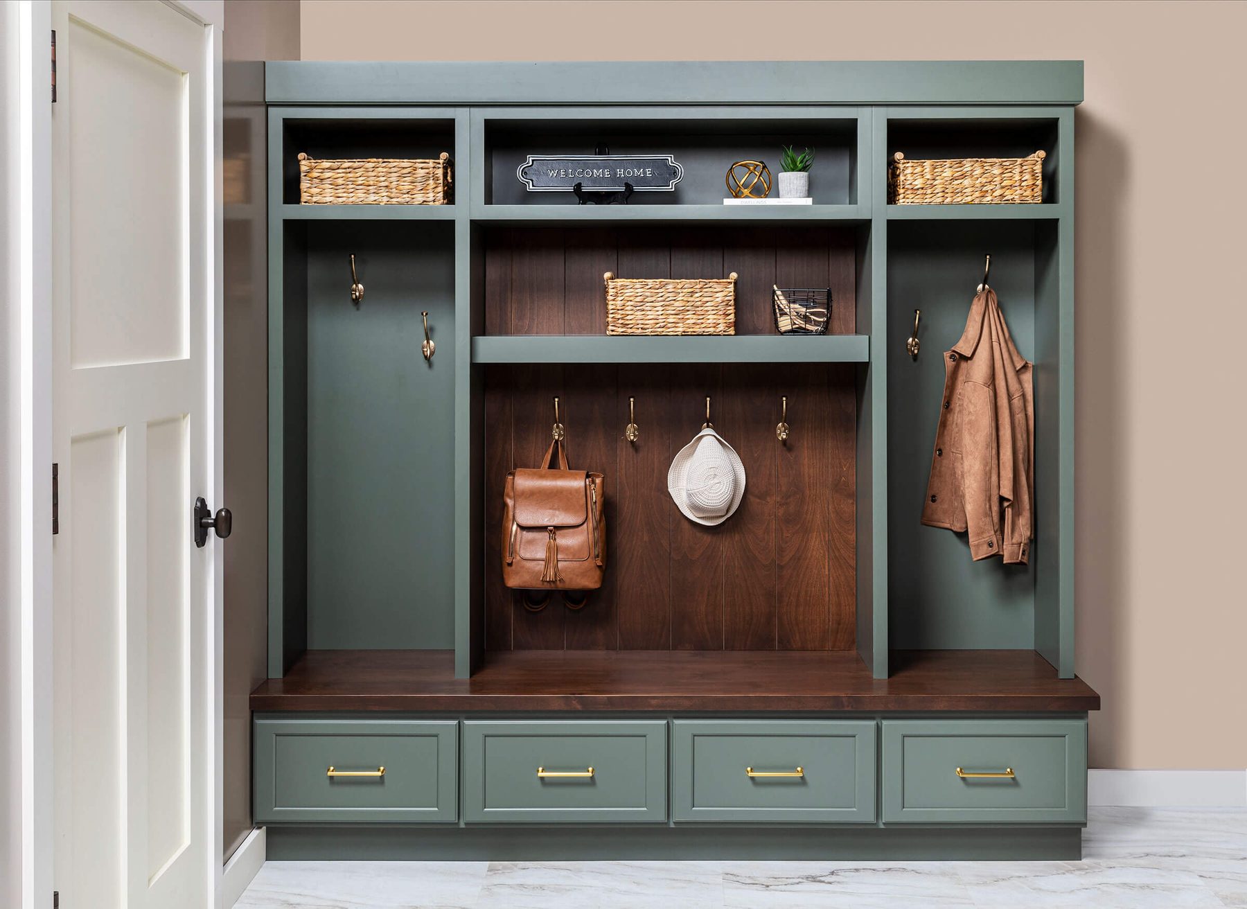 Bertch Northbrook sage-green mudroom with bench, hooks, and shaker storage