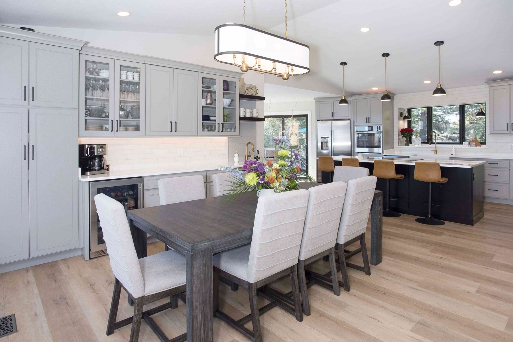 Crown Milan kitchen in dove gray with shaker doors and warm wood island